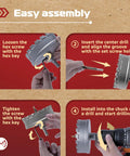Instructional diagram showing assembly of Heavy Duty 4 Inch Carbide Hole Saw for Hard Metal with drill and hex key