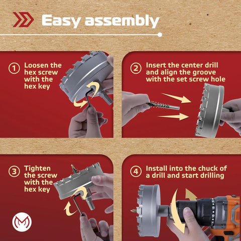 Instructional diagram showing assembly of Heavy Duty 4 Inch Carbide Hole Saw for Hard Metal with drill and hex key