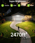 Beastly Bright 100W LED Security Flood Light With 11000 Lumens, 3 Adjustable Heads, Motion Sensor, illuminating a yard and garage