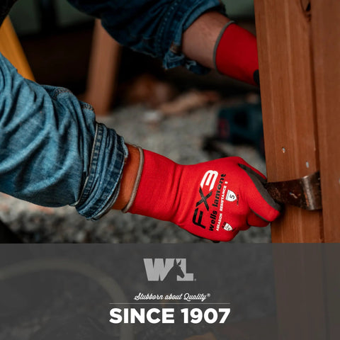 Person wearing FX3 Nitrile Coated Grip Work Gloves For Tough Jobs, Tear And Abrasion Resistant, working on construction.