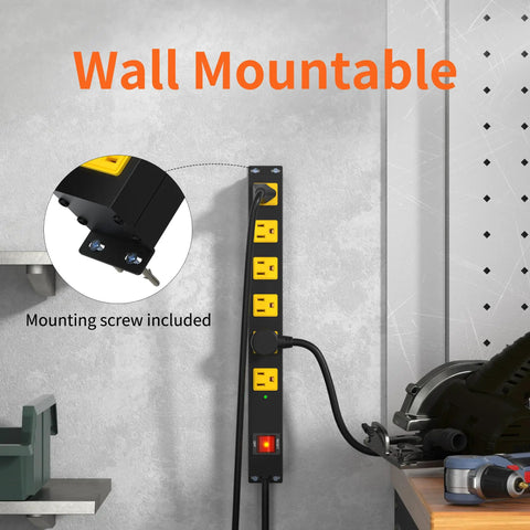 Heavy Duty 6 Outlet Metal Power Strip With 2700J Surge Protector And 15A Circuit Breaker, 6ft Extension Cord, Wall Mount For Garage Workshop And Industrial Use, Wide Spaced Outlets For Big Plugs, wall-mounted with mounting screw