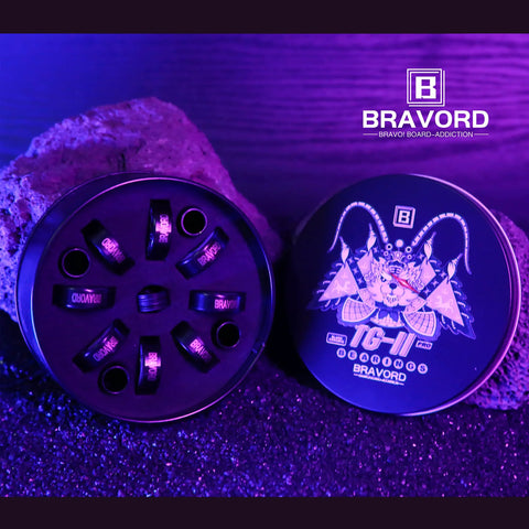 BRAVORD TG11PRO skateboard bearings, black ceramic ball bearings with washers and spacers, pack of 8 in a round tin.