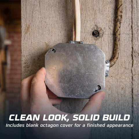 Four Inch Octagon Electrical Box Kit With Blank Covers Ten Pack For Wall Or Ceiling Wiring, One And A Half Inch Deep, Raised Ground, Heavy Duty Galvanized Steel Drawn Construction, Includes Four Half Inch Knockouts And Four Three Quarter Inch Knockouts installed on wood wall with blank cover
