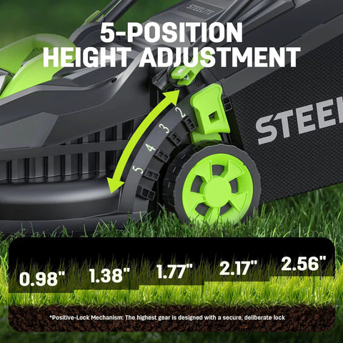 21V 13 Inch Brushless Cordless Lawn Mower With 4.0Ah Battery And Charger showing 5-position height adjustment