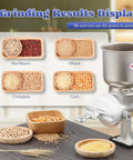 Cast Iron Manual Grain Mill Hand Grinder With Large Hopper For Corn Barley Wheat Berries Coffee Chickpeas Pepper Dried Beans Seeds And Home Brewing For Coarse And Uniform Grains with grinding results of red beans, wheat, chickpeas, and corn displayed.