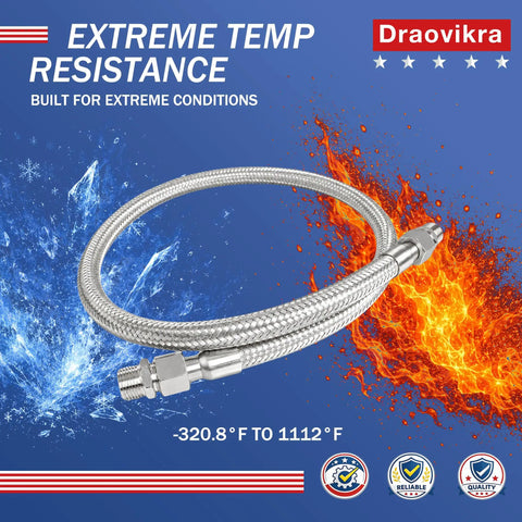 3/8 Inch Stainless Steel Flex Hose Npt Male Jumper 40 Inch Long For Air Compressors showing extreme temp resistance and braided design.