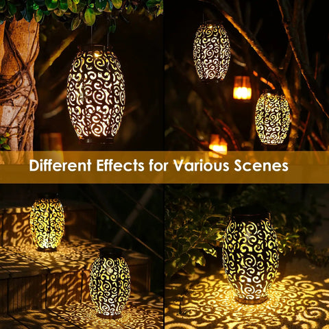 Fairy Solar Lights Outdoor Garden Decor Bucket Type 2 Pack Waterproof Lanterns with patterned shadows in garden setting