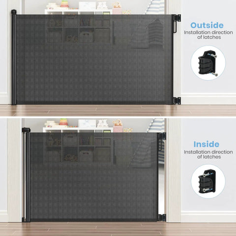 Extra Wide Retractable Baby Gate 33 Inch Tall Extends To 72 Inches Mesh Gate for kids and pets with latch installation guide.