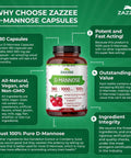 Mega Potent D Mannose 1000 Mg Per Serving, 180 Vegan Capsules, Fast Acting Urinary Tract Health Support, features and benefits displayed