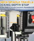 2-inch spindle travel and locking depth stop on Kickass 8 Inch Benchtop Drill Press for precise drilling.