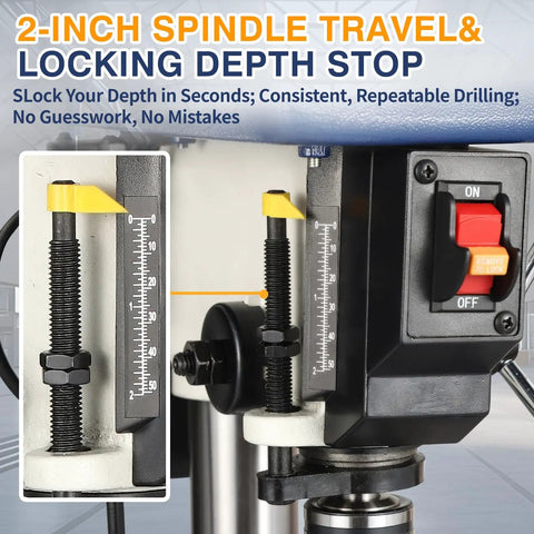 2-inch spindle travel and locking depth stop on Kickass 8 Inch Benchtop Drill Press for precise drilling.