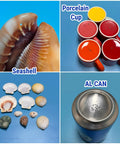 Collage of large seashell, assorted porcelain cups, small seashells, and aluminum can on blue background.