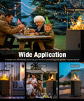 41,000 BTU Propane Patio Heater with lockable wheels and weather cover, CSA certified, used in a backyard setting.