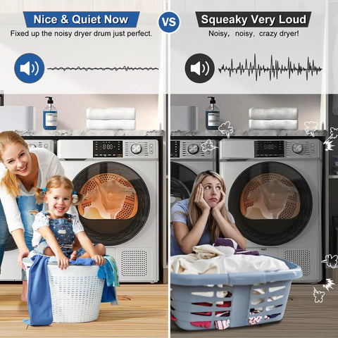 Comparison of quiet and noisy dryers, showcasing Dryer Drum Roller Kit With Durable Belt And Idler Pulley For Maytag Dryers Beefed Up WP33002535.