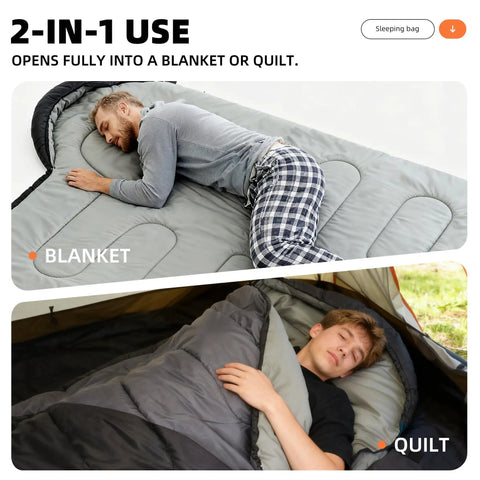 Lightweight Warm Weather Sleeping Bag For Adults And Teens With Compression Sack shown as blanket and quilt setup.