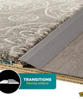 Pewter Aluminum Carpet Trim 2 In By 36 In With Screw Nails, showing transition from carpet to flooring using durable aluminum strip.