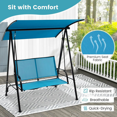 Outdoor Patio Swing For Two With Adjustable Canopy Heavy Duty Metal Frame Breathable Seat Fabric shown on patio