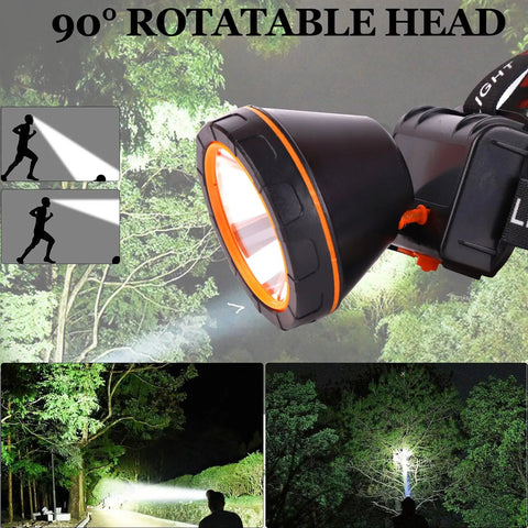 Rechargeable Ultra Bright Headlamp with 6000 Lumens and 500 Meters of Reach, four light modes, IPX7 waterproof, 90 degree tilt