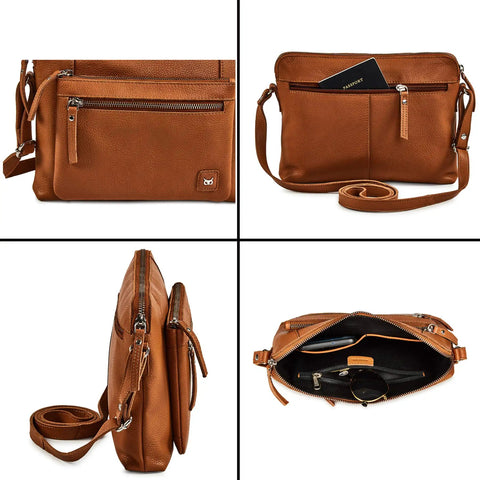 Top Shelf Genuine Leather Crossbody Bag for Women Small Soft Pebbled Nappa Cowhide Sling Shoulder Purse in warm cognac with adjustable strap.