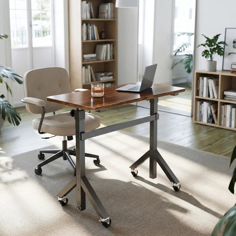 Height Adjustable Rolling Standing Desk On Wheels 28 To 46 Inches 31.5 By 15.75 Inches Sit Stand Computer Workstation For Home Office Portable Desk For Walking Pad And Treadmill Walnut Finish in a modern home office with chair.