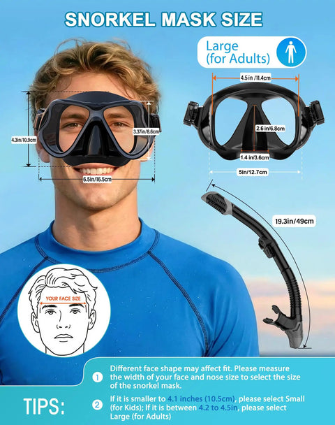 Man wearing All In One Dry Snorkel Set With Panoramic Wide View Mask, Anti Fog Scuba Diving Gear For Adults And Kids, Leakproof Dry Top Snorkel
