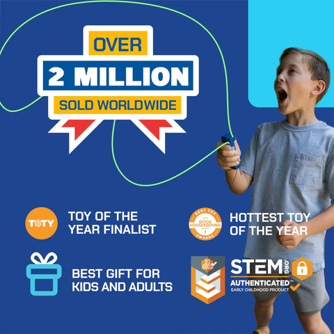 Boy playing with Crazy Fun Rope Launcher Toy For Kids And Adults, Fly A String Loop Across The Sky For Endless Tricks And Laughs.