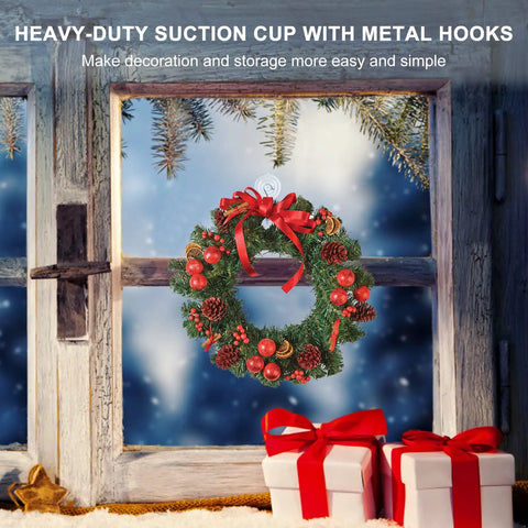 Wreath hanging on window with suction cup hook, snowy winter scene, featuring 10 Pack Suction Cup Hooks Set In Three Sizes.