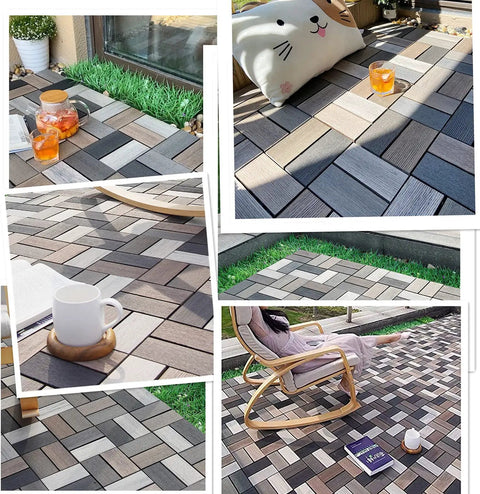 Durable Wood Plastic Composite Patio Deck Tiles With Interlocking Design For 3D Random Pattern DIY Floor Tiles in outdoor setting
