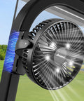 Top Shelf Magnetic Rechargeable Travel Fan For Golf Carts And Cruise Ships 10000Mah Battery attached to metal surface outdoors