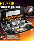 Portable Three Burner Propane Camping Stove with Regulator Push Button Ignition shown with dual burners and 7200 BTU grill