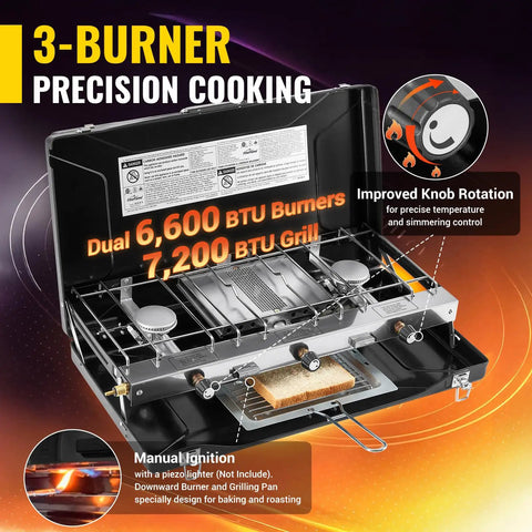 Portable Three Burner Propane Camping Stove with Regulator Push Button Ignition shown with dual burners and 7200 BTU grill