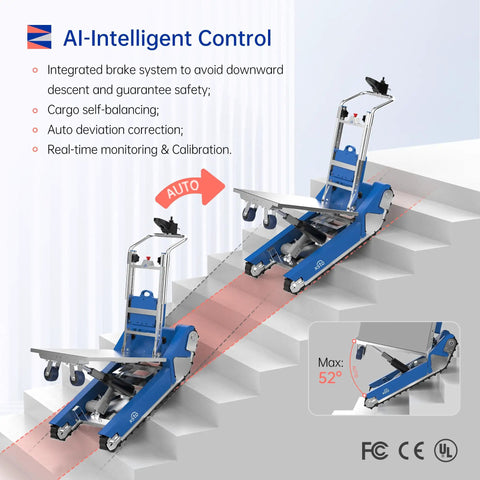 Heavy Duty Electric Stair Climbing Dolly Robot With Smart AI Navigation And LiDAR For Auto Balancing All Terrain Material Handling Plus 925lbs Load Capacity, demonstrating AI control on stairs.