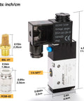 Two Position Three Way Pneumatic Solenoid Valve DC24V, Pilot Operated, Single Coil, One Quarter Inch NPT with quick fittings