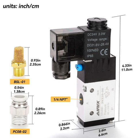 Two Position Three Way Pneumatic Solenoid Valve DC24V, Pilot Operated, Single Coil, One Quarter Inch NPT with quick fittings