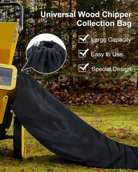 Universal Fit Wood Chipper Debris Bag For Tazz GreatCircle Landworks SuperHandy Earthquake Chippers 24 By 48 Inch Heavy Duty Polyester Nylon Mesh Debris Bag For Leaf And Wood Shredder attached to yellow chipper