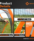 30 Ft Backyard Batting Cage With Frame And Net Heavy Duty Baseball Training Netting For Hitting And Pitching 12 Ft Wide By 8 Ft High 1.25 Inch Grid Durable Polyester And Oxford Cloth Seams Orange showing removable door and 12.7mm fiberglass pole details