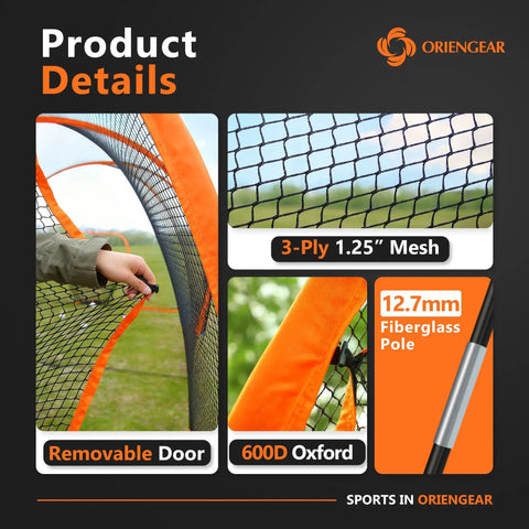 30 Ft Backyard Batting Cage With Frame And Net Heavy Duty Baseball Training Netting For Hitting And Pitching 12 Ft Wide By 8 Ft High 1.25 Inch Grid Durable Polyester And Oxford Cloth Seams Orange showing removable door and 12.7mm fiberglass pole details