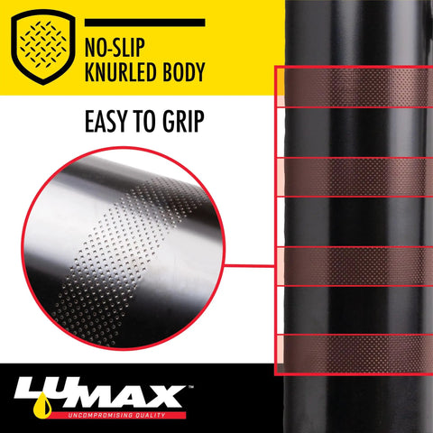 Close-up of Heavy Duty Deluxe Pistol Grease Gun with 18 Inch Flex Hose featuring no-slip knurled grip design