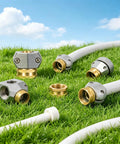 Heavy Duty Garden Hose Repair Kit With 5/8 and 3/4 Inch Brass Connectors Swivel Attachment Stainless Steel Clamp To Fix Leaks Fast And Get Your Outdoor Watering Setup Back On Track For A Cool Summer, brass hose fittings on grass