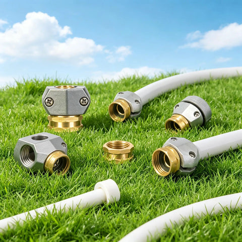 Heavy Duty Garden Hose Repair Kit With 5/8 and 3/4 Inch Brass Connectors Swivel Attachment Stainless Steel Clamp To Fix Leaks Fast And Get Your Outdoor Watering Setup Back On Track For A Cool Summer, brass hose fittings on grass