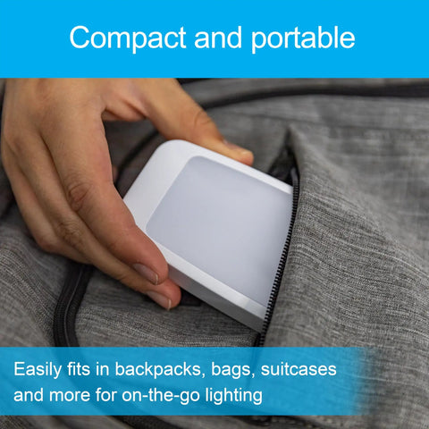 Person placing Four In One LED Power Failure Night Light With Dusk To Dawn Sensor into a gray bag pocket