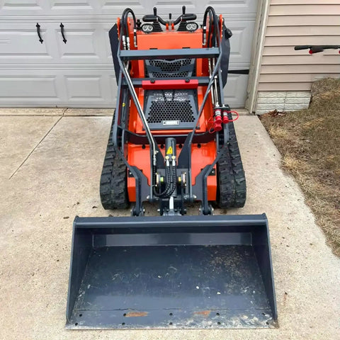 Front view of Compact 460 Mini Skid Steer Loader with Front Loader and Hydraulic Grapple Bucket Attachments for versatility