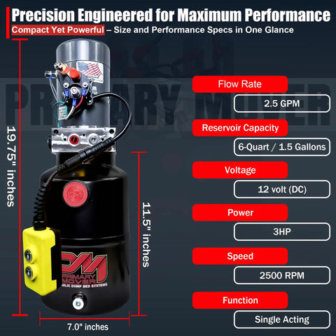 12V DC Single Acting Dump Trailer Hydraulic Pump With Steel Reservoir And Remote Controller, 6 Quart Capacity, side view