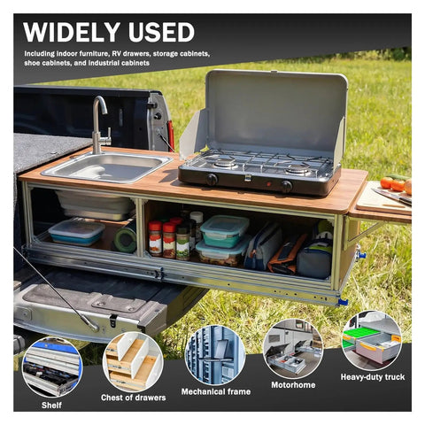 Outdoor kitchen setup with sink and stove showing 68 Inch Full Extension Drawer Slides Set 1 Pair Side Mount Cabinet Glides