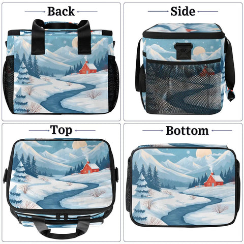 Insulated Picnic Backpack With Large 12x8.7x10 Inch Capacity Lunch Box Tote showing winter landscape design on different sides.