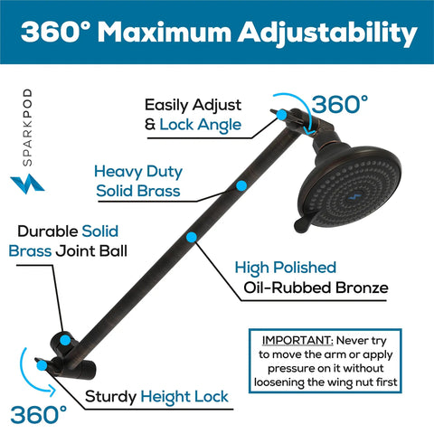 Solid Brass 16 Inch Shower Head Extension Arm With Flexible Height And Angle, Universal Pipe Connection, Oil Rubbed Bronze Finish, Heavy Duty Lock, Designed For Rain Showerheads And Easy Water Coverage showing 360-degree adjustability