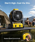 Cordless Misting Fan For DeWalt 20V Max Battery on table, stepless speed control at campsite, outdoor use.