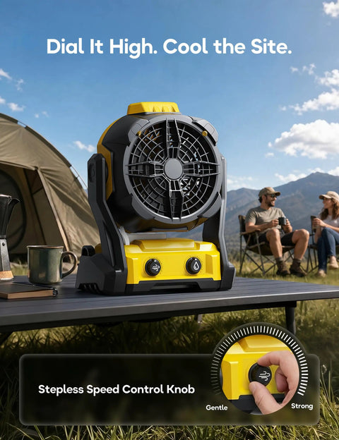 Cordless Misting Fan For DeWalt 20V Max Battery on table, stepless speed control at campsite, outdoor use.
