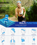 Ultra Chill Cooling Towels For Neck 4 Pack 47 By 12 Inches Microfiber Soft Breathable Ice Cold Sweat Wicking For Yoga Sports Golf Gym Camping Running Fitness And More Activities shown with multi-functional uses including headband and wrist wrap.