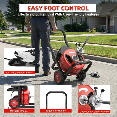 Beat Stubborn Clogs Dead To Rights With This 100ft Auto Feed Sewer Snake Machine featuring air-activated foot switch and ergonomic handle.